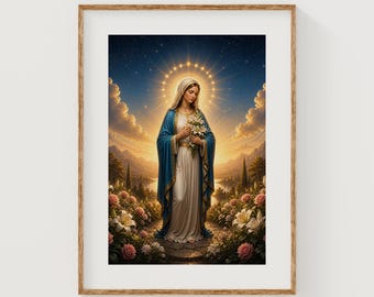 Virgin Mary with Lilies, Sacred Art Print, Radiant Catholic Portrait (Digital Download)