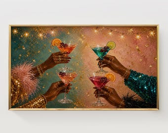 Quadro decorativo para TV com tema de coquetel glamoroso, perfeito para uma festa com martini afro-americana (Download Digital)