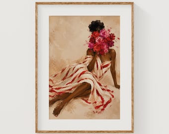 Retrato de mulher negra com rosto florido e buquê de rosas - Arte de parede para imprimir (Download digital)