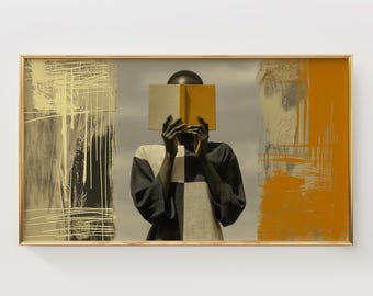 Modern Mood Frame TV Art, Black Portrait with Book Digital Download, Neutral Ochre Decor, Book Lover Art, Mixed-Media, African American