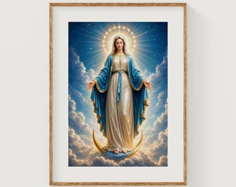 Virgin Mary on Crescent Moon, Star Halo in Celestial Sky Art (Digital Download)