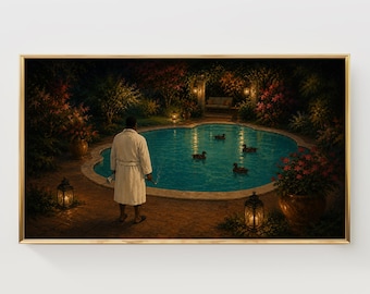 Quadro para TV com piscina em jardim à meia-noite afro-americano, paisagem noturna melancólica (Download Digital)