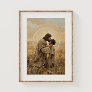 May include: Framed art print depicting a tender moment. A figure in flowing robes kneels, kissing the forehead of a child. The artwork features warm tones, a soft halo, and a field of tall grass, creating a serene and spiritual atmosphere.