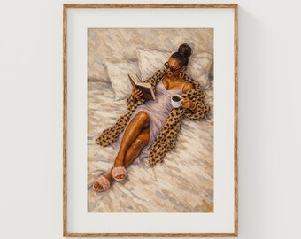 Glamorous Black Woman Reading with Coffee - Chic Book Lover Printable, Stylish Leopard Coat Art, Cozy Fashion Illustration Digital Download
