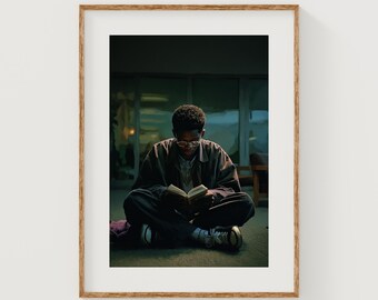 Moody Night Study - Black Student Reading Photography, Cinematic Dark Academia Wall Art, Printable Cozy Book Lover Decor, Digital Download