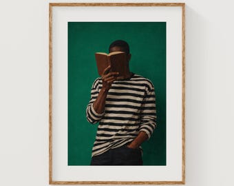 Printable Book Lover Portrait - African American Holding Book, Striped Shirt, Minimalist Modern Art, Moody Scholarly Decor, Digital Download