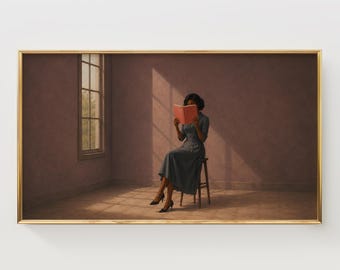 Quadro de TV com vestido azul vintage, mulher melancólica lendo (Download Digital)
