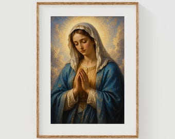 Praying Virgin Mary Portrait, Serene Classical Religious Art with Soft Glow (Digital Download)