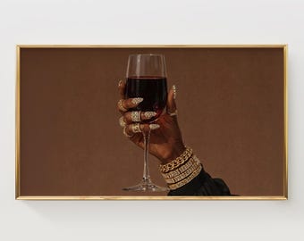 Sip of Power Frame TV Art African American Hand, Wine Glass Illustration, Moody Wall Decor, Modern Glamorous, Digital Download