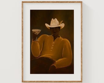 Retrato de um cowboy melancólico tomando Martini, arte para bar com temática do Velho Oeste (download digital)