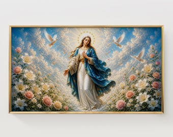 Virgin Mary Among Clouds and Flowers Frame TV Art (Digital Download)