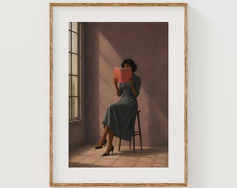 Mulher vintage lendo um livro, arte de parede literária melancólica (download digital)