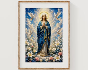 Virgin Mary in Prayer with White Lilies and Doves, Sacred Devotional Art (Digital Download)