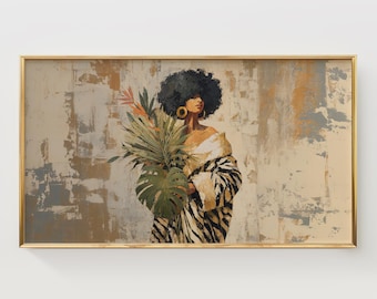 Stylish African American Fashion Portrait, Chic Frame TV Art, Neutral Zebra Print & Tropical Leaves Decor, Modern Textured Digital Download