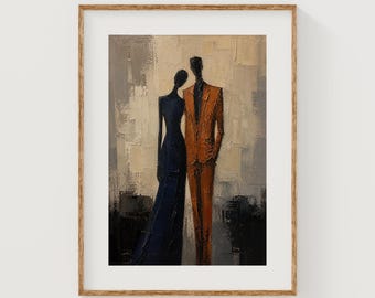 Abstract Romantic Couple Painting, Black Figures in Navy and Rust (Digital Download)