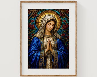 Devotional Virgin Mary Stained Glass Art, Spiritual Religious Print (Digital Download)