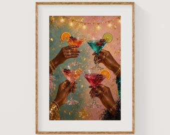 Arte de parede imprimível com taças de martini festivas e um brinde glamoroso (download digital)