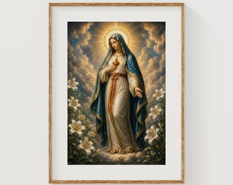 Virgin Mary with Sacred Heart, Devotional Religious Art with Heavenly Clouds (Digital Download)