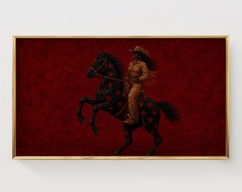 Quadro de TV com estampa de leopardo ocidental e vaqueira negra a cavalo (Download Digital)