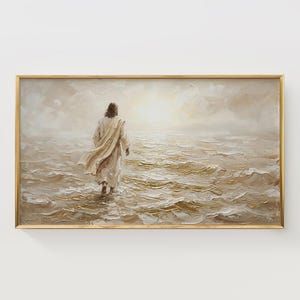 May include: An oil painting depicts a figure in a white robe walking on water towards a bright light. The artwork is framed in a gold-colored frame, with textured brushstrokes creating a sense of movement in the water and sky.