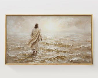 Jesus Christ Walking on Water Art, Spiritual Frame TV Art, Serene Landscape, Neutral Textured Palette, Peaceful Wall Decor, Digital Download