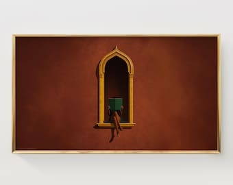 Sacred Reader Frame TV Art, Black Book Lover's TV Art, Moody African American Print, Vintage Arch Window Decor, Digital Download