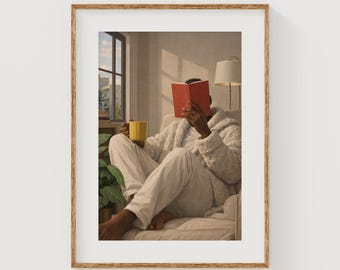 Cozy Black Reader with Book Art - Printable Hygge-Style Wall Decor, Warm Textured Detail, Relaxing Book Lover Illustration Digital Download