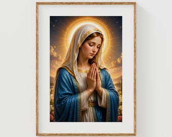 Virgin Mary in Prayer, Sacred Devotional Artwork with Floral Elements (Digital Download)