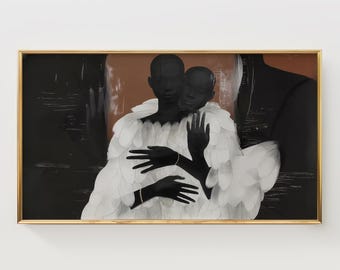 Arte abstrata para TV com moldura de abraço, silhuetas pretas, penas (download digital)