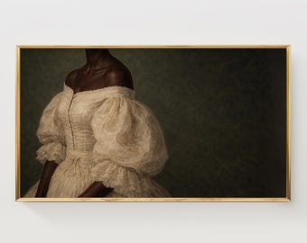 Moody Vintage Frame TV Art, African American Portrait, Elegant Black Gown TV Art, Classic Wall Decor, Neutral Digital Download Painting