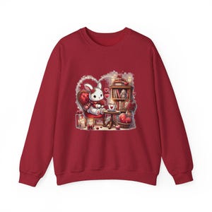 Cozy Bunny Valentine’s Day Sweatshirt – Heartwarming Romantic Design with Books, Roses & Hot Cocoa