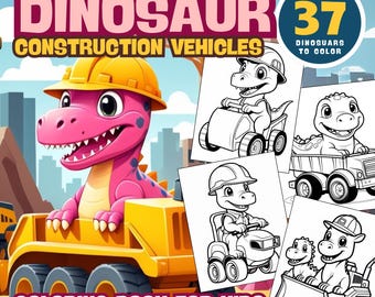 Dinosaur Coloring Pages: Construction Vehicles, Bulldozers, Dump Trucks, Cranes, Excavators for Kids, Digital Download