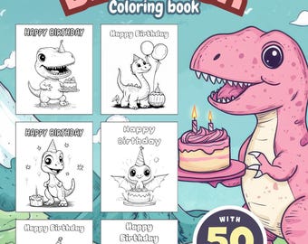 Dinosaur Coloring Pages for Kids, Birthday Party scene, Digital Download