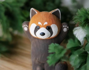 Playful Wooden Red Panda | Hand-Carved Wooden Red Panda | Adorable Red Panda Sculpture | Charming Red Panda Display Piece | Red Panda Charm