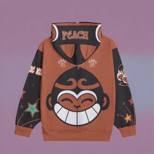 Puede incluir: Una sudadera con capucha marrón con capucha negra y mangas negras. La parte delantera de la sudadera con capucha presenta una cara de mono de dibujos animados con el texto "PEACH" en la capucha.