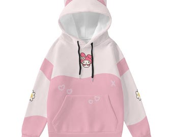 Kawaii Cat Ear Hoodie: Pink Anime Cosplay with Bunny & Daisy Print