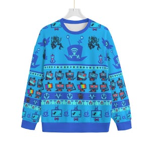 Peut inclure: Un pull bleu à col rond avec un motif répété de personnages ressemblant à des robots, de cœurs et d'étoiles. Le pull présente un symbole WiFi et une palette de couleurs bleue et blanche. Les poignets et l'ourlet sont d'un bleu plus foncé.