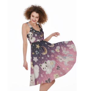 Kawaii Pastel Galaxy Skater Dress: Moon Cat, Unicorn & Star Print