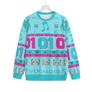 Miku Inspired Sweatshirt – Pastel Anime Vocaloid Pullover with Chibi Face & Cute Stars – Blue Unisex Jumper
