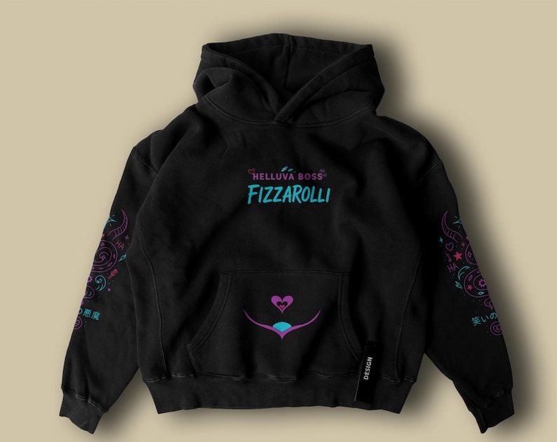 May include: Black hoodie with the text "HELLUVA BOSS FIZZAROLLI" in teal and pink. The hoodie features a front pocket and decorative designs on the sleeves. A heart and teal design is on the front.