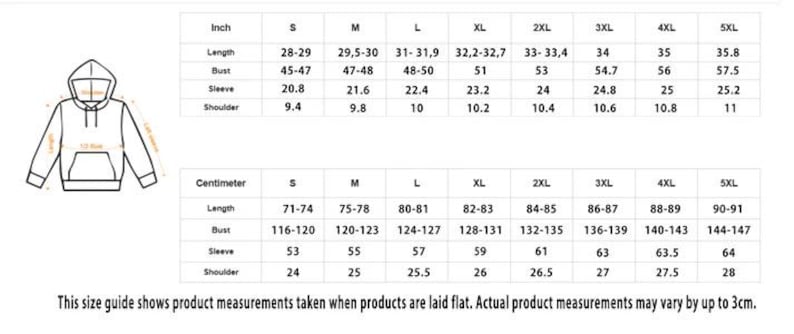 May include: A size guide for a hooded sweatshirt, showing measurements in inches and centimeters. The guide includes length, bust, sleeve, and shoulder measurements for sizes S through 5XL. The text at the bottom states that measurements may vary by up to 3cm.