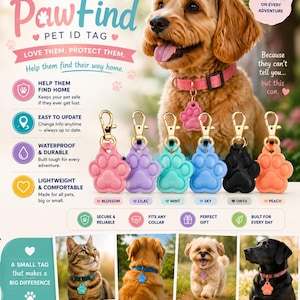 Może przedstawiać: Identyfikatory dla zwierząt Paw Find w sześciu kolorach: blossom, lila, miętowy, niebieski, onyks i brzoskwiniowy. Te identyfikatory są wodoodporne, trwałe, lekkie i wygodne. Pomagają zwierzętom znaleźć drogę do domu.