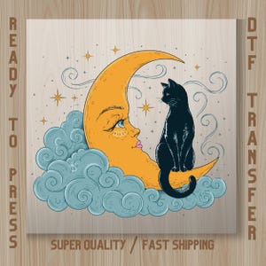 Moon Cat DTF Transfer : Celestial Black Cat Vintage Lunar Witchy Heat Press Print