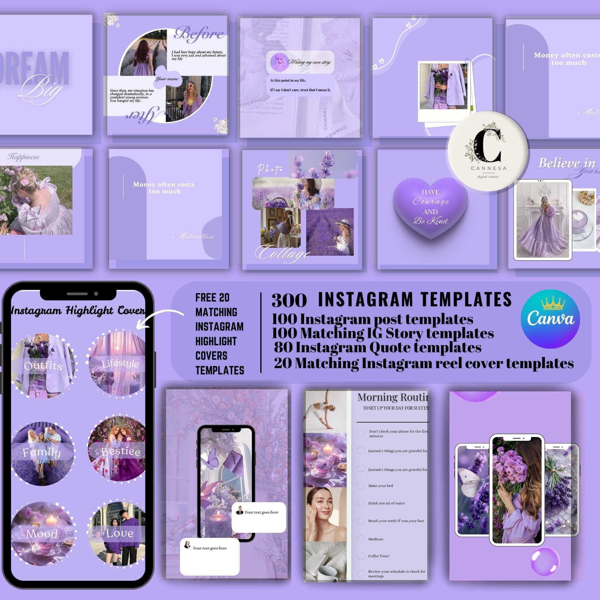 Purple Themes L Instagram Templates Canva 300 Templates 20 Highlight ...