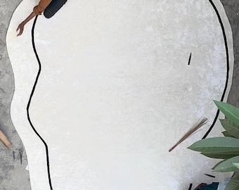 Hand Tufted Abstract Organic Rug – Minimal Ivory Black Wavy Carpet