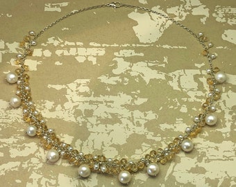 Long cluster citrine and pearl necklace