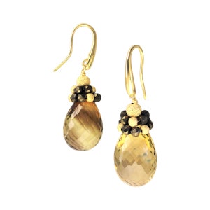 May include: Gold earrings with teardrop-shaped brown and gold gemstone drops. The drops are surrounded by small gold and brown beads.
