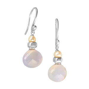May include: A pair of silver dangle earrings with a light purple gemstone, a small pearl, and a silver bead.