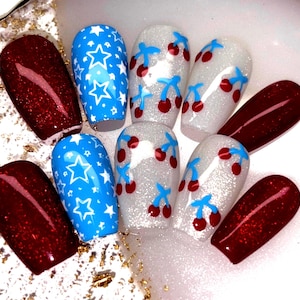 Patriotic Press On Nails: Red Glitter, Blue Stars, Cherry Accent