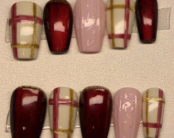 Red & Gold Plaid Press On Nails | Handmade Holiday Nail Set